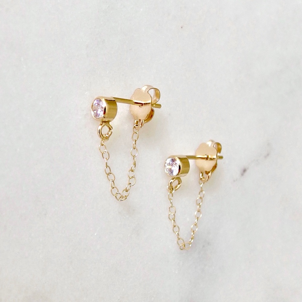 Diamond CZ chain stud earrings 14k gold filled